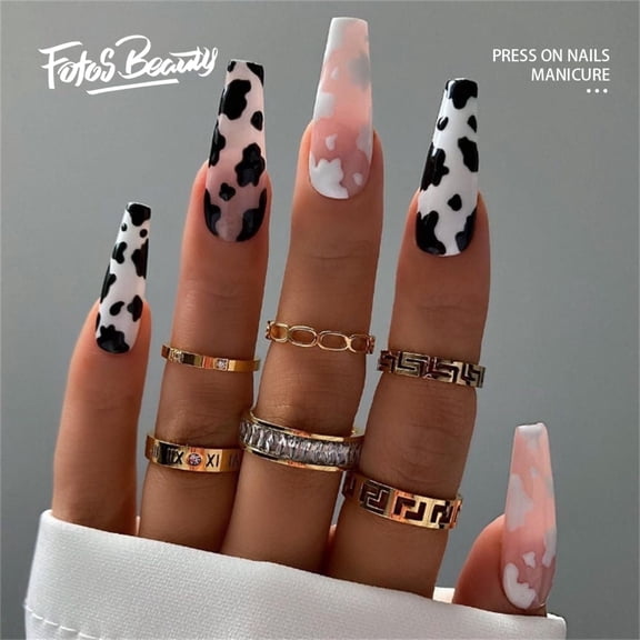 Fofosbeauty 24pcs Press on False Nails Tips, Coffin Fake Nails, Gel Cow