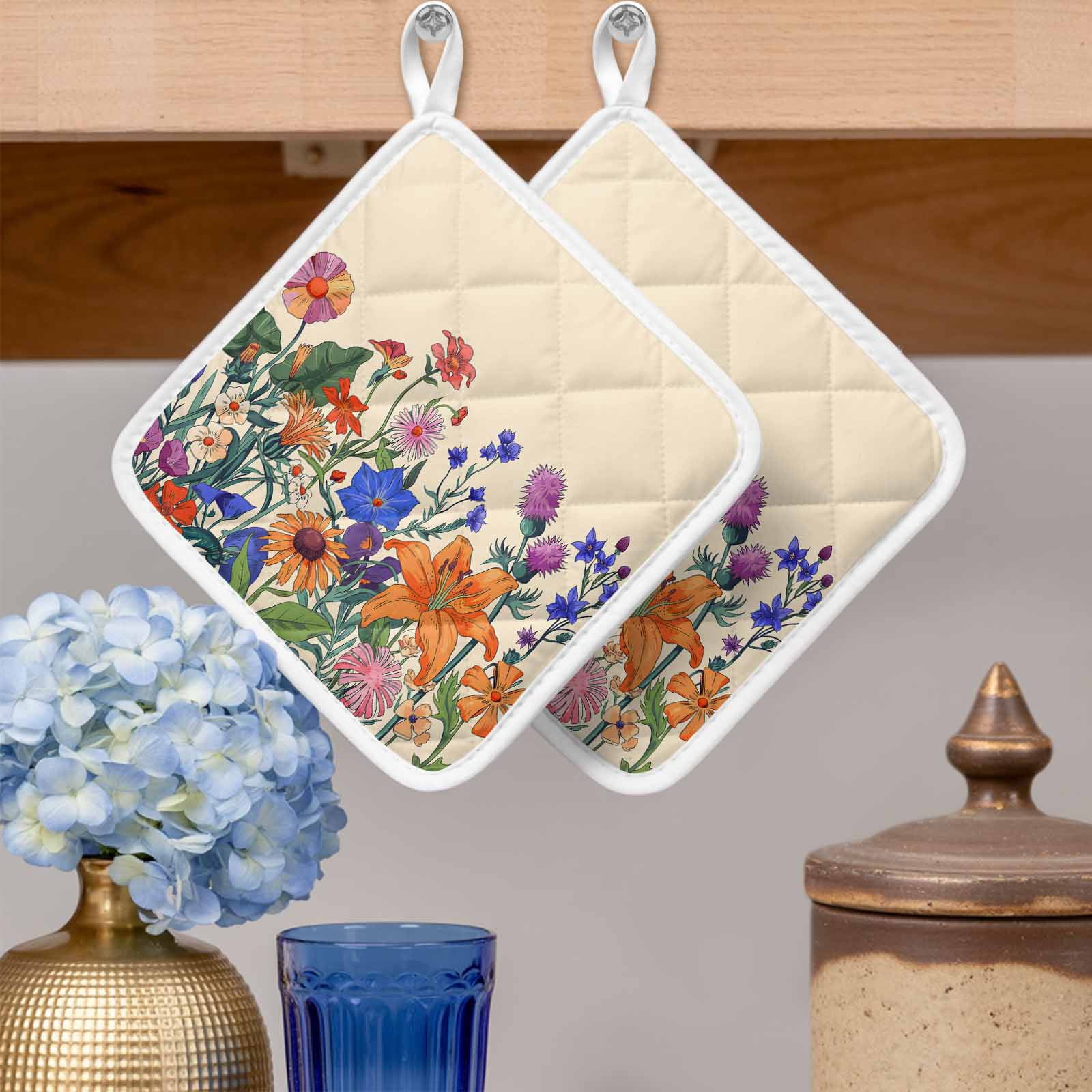 Spring Floral Pot Holders for Kitchen Heatproof Potholder, 4 Pack Purple Yellow Flower Farmhouse Hot Pads Multipurpose Oven Pads Cloth Potholders Trivet for Cooking and Baking