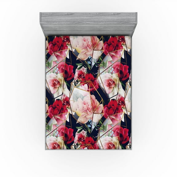 Ambesonne Floral Design Fitted Sheet, Lattice Pattern Bloom, California King, Dark Pink Pale Pink