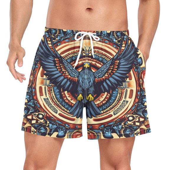 FORMRS Mens Swim Trunks Mesh Liner Quick Dry Casual Beach Board Shorts with Pockets, Sizes S-2XL, Blue Geometric Eagle