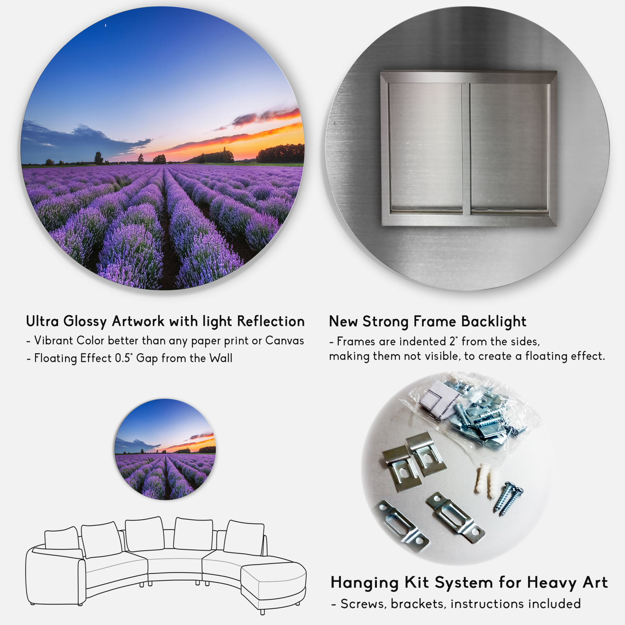 Designart 'Dramatic Clouds and Sunrise Over Lavender Field I' Farmhouse Circle Metal Wall Art 23x23 - Disc of 23