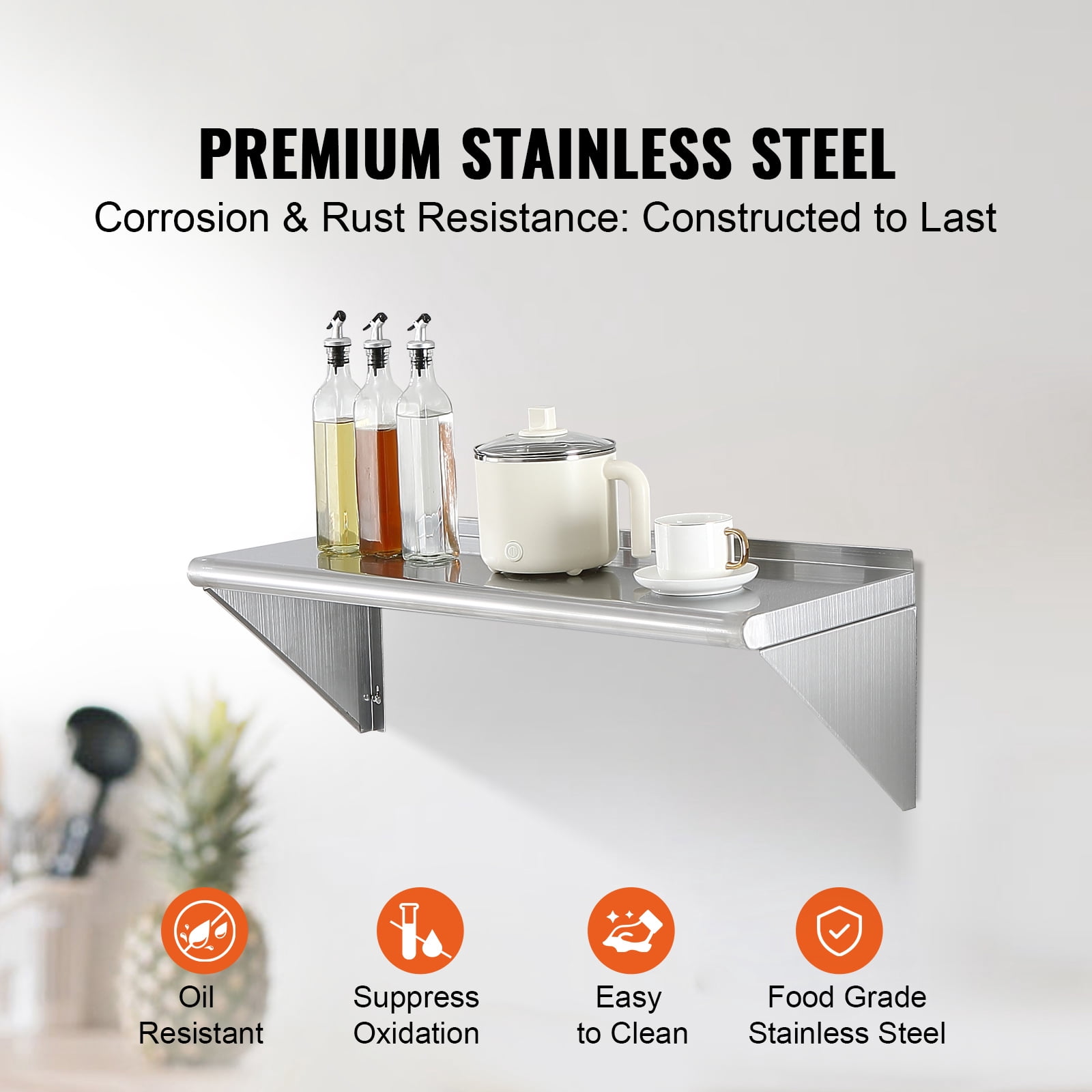 KFFKFF 12" x 36" Stainless Steel Wall Shelf, Floating Storage Rack with Brackets, 250 lbs Capacity, Durable Wall-Mounted Shelf for Kitchen, Restaurant, Bar, Home, and Hotel Use