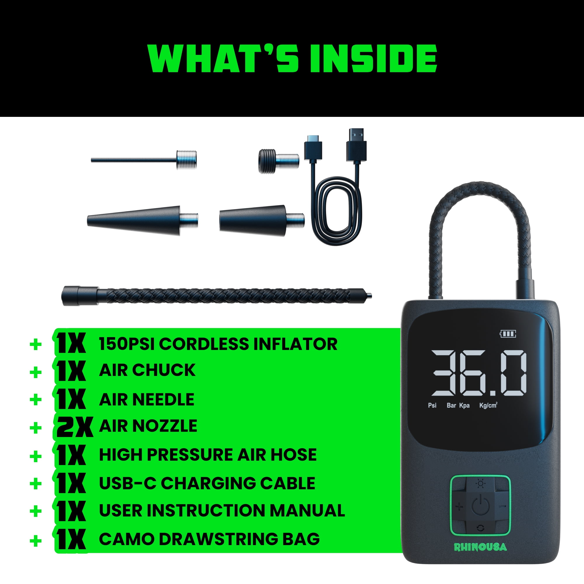Rhino USA 150 PSI Tire Inflator Portable Air Compressor Upgraded Air Pump with Digital Pressure Gauge