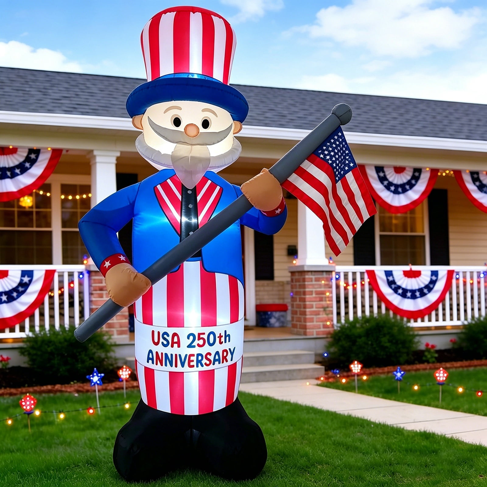 8FT 250th Anniversary 4th of July Inflatables Outdoor Decorations Patriotic Blow up Yard Decorations with LED Lights Fourth of July Memorial Independence Day Party Garden Holiday Outside Decor