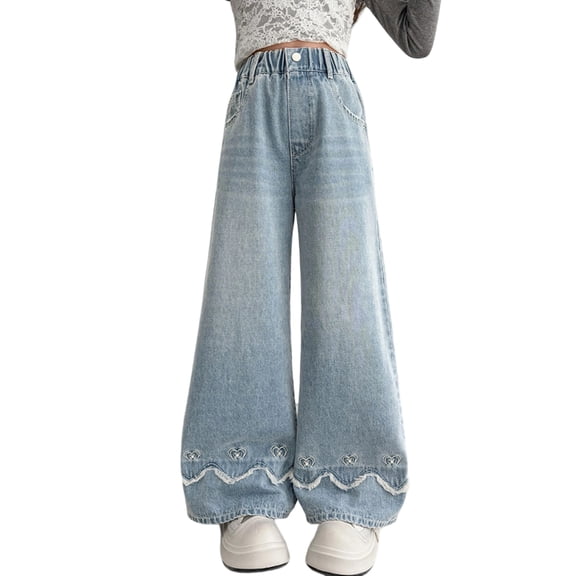 JAJAHO Girls Wide Leg Jeans Cute Heart Embroidery Elastic Waist Casual Demin Pants With Pockets For Kids 5-16Y Soft Trousers