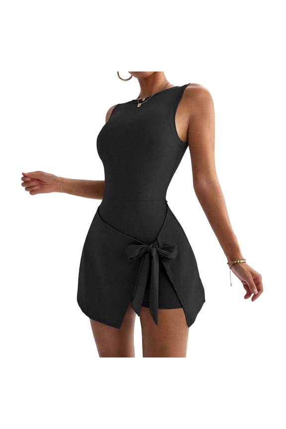 Womens Sleeveless Romper Skort Crew Neck Tennis Skirt Mini Dress Built in Shorts Golf Dress Workout Athletic Dress