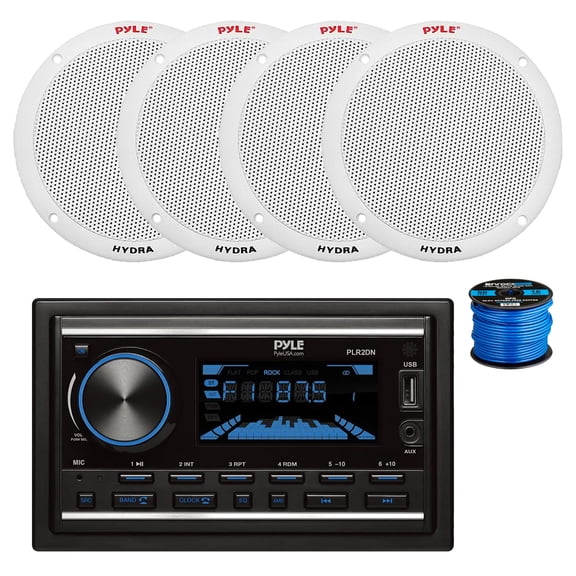 Pyle PLR2DN Double DIN AM/FM/MP3 Bluetooth Marine Stereo Receiver, 4X 6.5" 400 Watt 2-Way Dual Cone Full Range Audio Speakers (White) w/ Wire