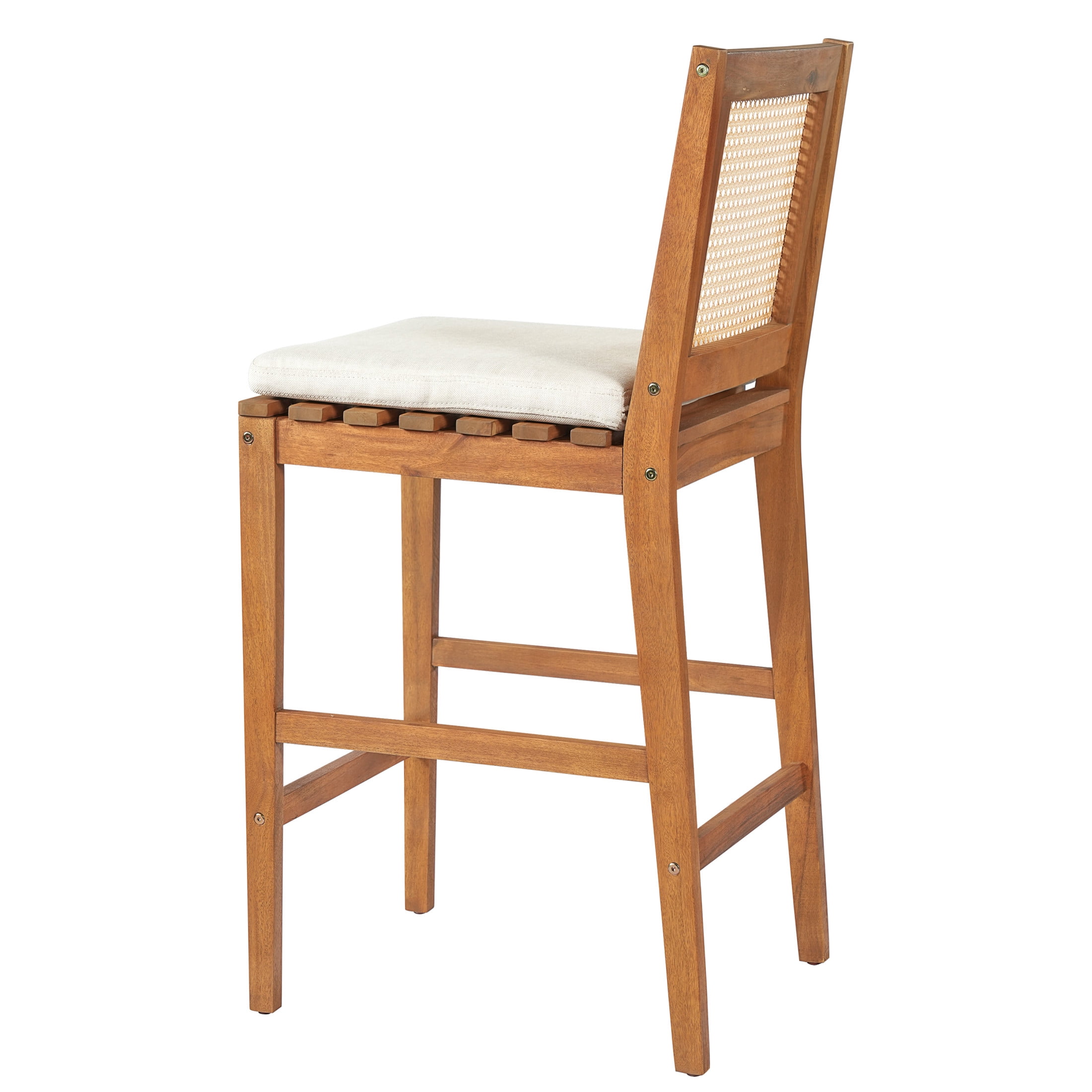 Christopher Knight Home Set of 4 Outdoor Bar Stools with Cushions, Wicker Backrests, Teak + Beige
