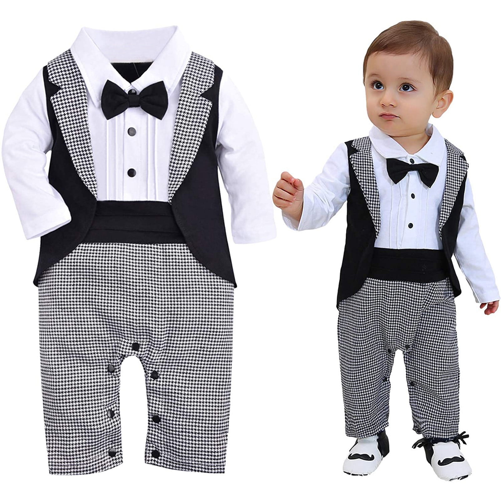 Newborn Baby Boys Romper Formal Tuxedo Gentleman Suit Jumpsuit Bowtie Outfits 