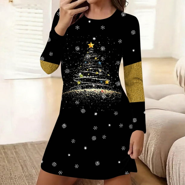 Camisón corto holgado y cómodo con cuello redondo y manga larga estampado para mujer