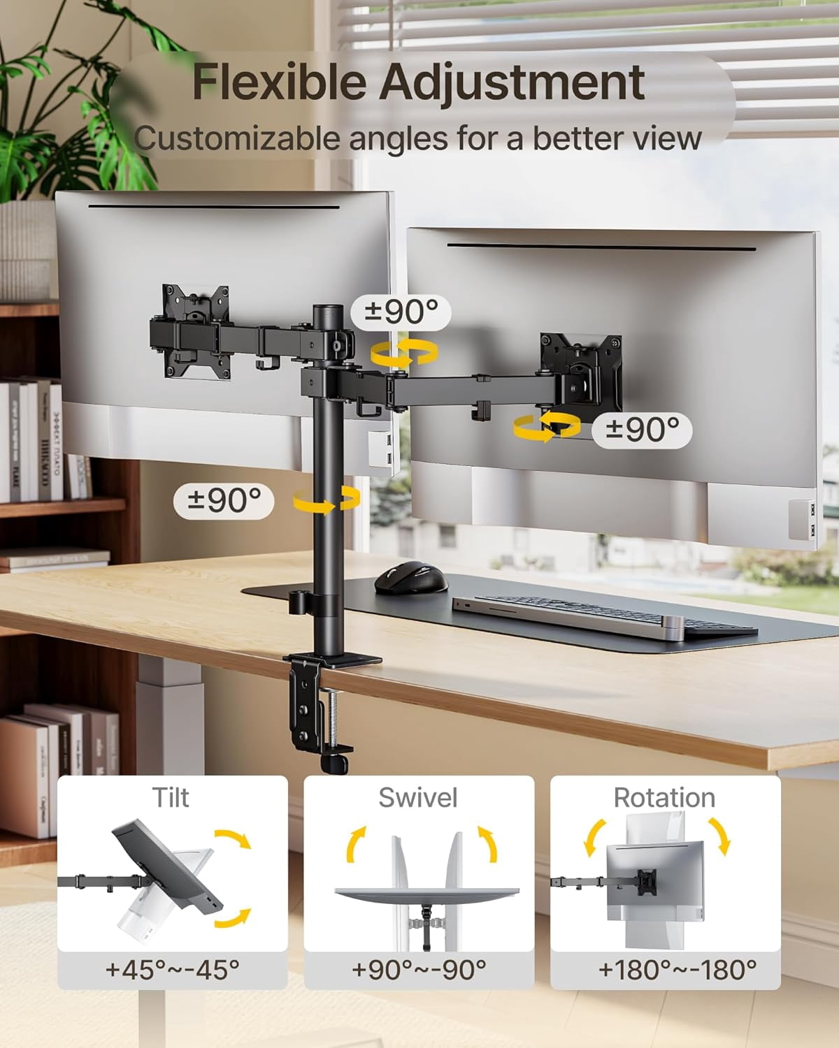 monTEK Dual Monitor Stand for 17–32 Inch Screens, Adjustable Desk Mount Holds up to 22 lbs per Arm, Full Motion Monitor Mount with C-Clamp/Grommet, VESA 75x75/100x100