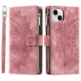 thumbnail image 5 of Dteck Zipper Wallet Case for iPhone 14,Magnetic Durable PU Leather Flower Embossed Case Zipper Card Holder Wallet Kickstand Cover with Detachable Shoulder Strap/Wrist Strap,Pink, 5 of 6