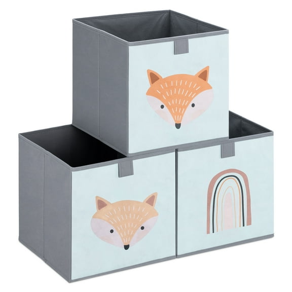 Navaris Kids Storage Cubes (Set of 3) - Storage Boxes 11x11x11" with Animal Designs - Children's Cube Bins Fabric Organizer Bin - Green Fox