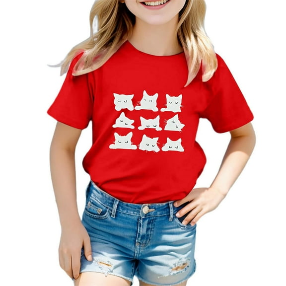 Hiijoy Big Girls T Shirt Cat Print Graphic Tee Short Sleeve Summer Casual T-Shirt
