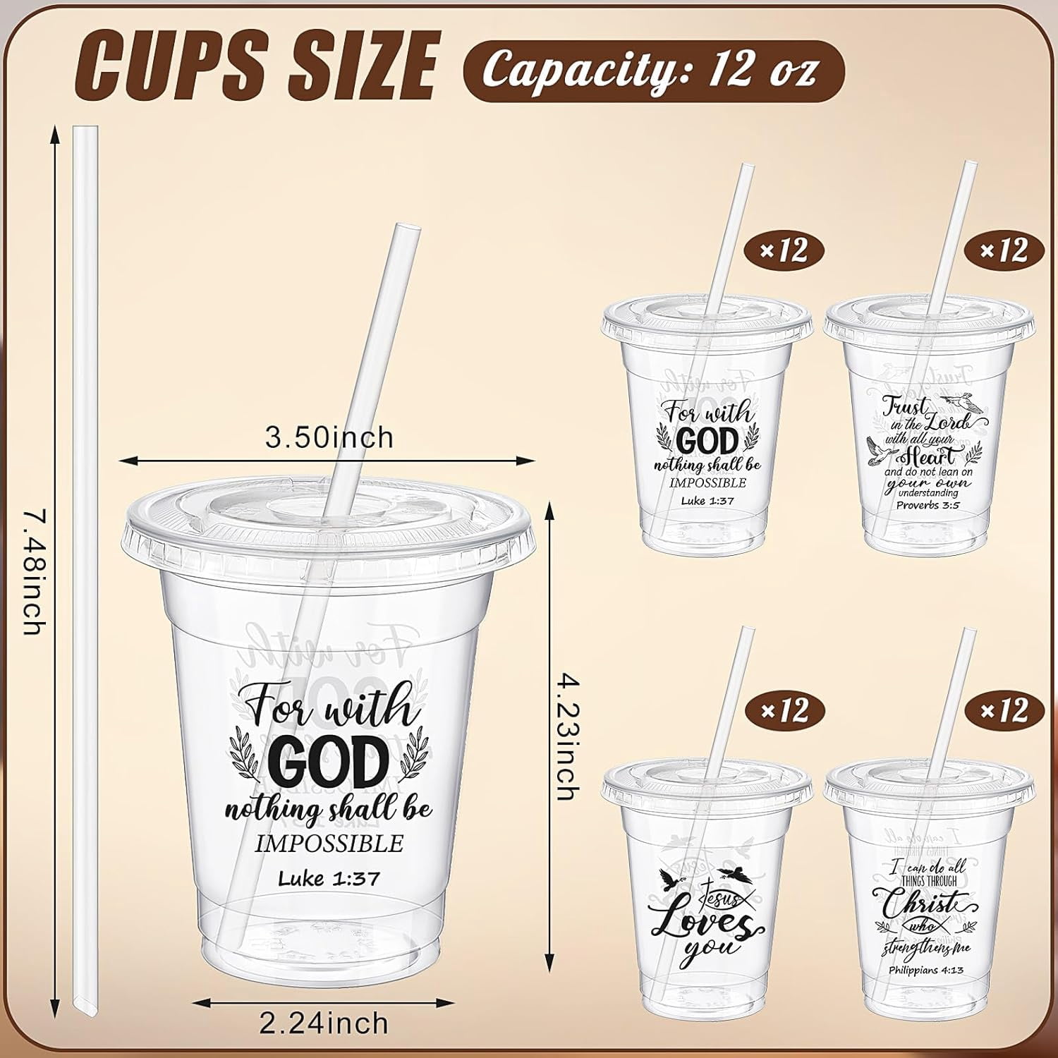 48 Pcs 12oz Inspirational Christian Gift Bible Verse Plastic Cups Bulk with Lids and Straws Religious Christian Disposable Cups for Church Party Favor Sunday School Church Baptism