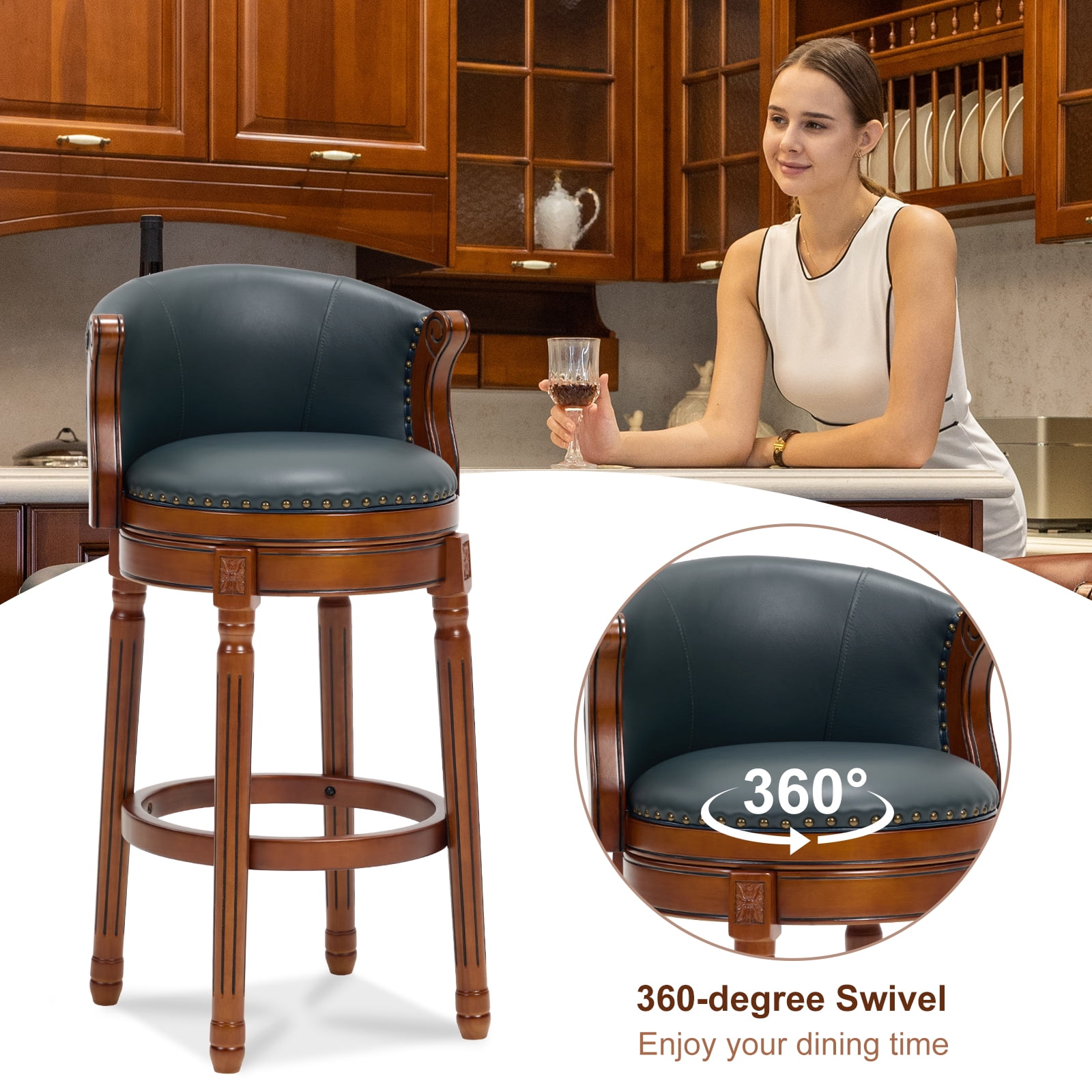 Aulife Bar Stools Counter Height Rubber Wood Swivel Barstools with Back & Footrest-Genuine Leather Upholstered Bar Chair for Bar, Kitchen, Dining Room