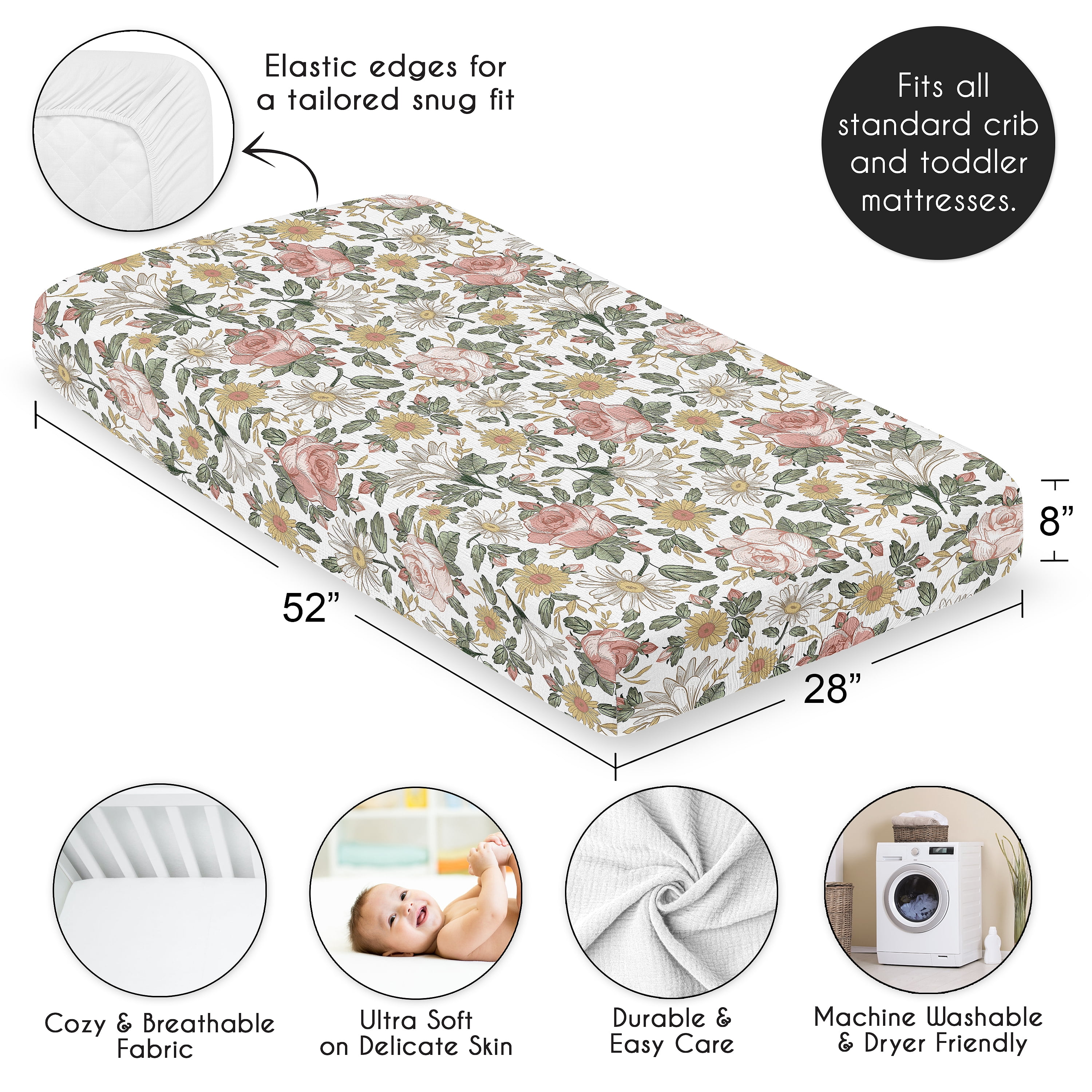 Sweet Jojo Designs Vintage Floral Pink Girl 100% Cotton Muslin Fitted Crib Sheet