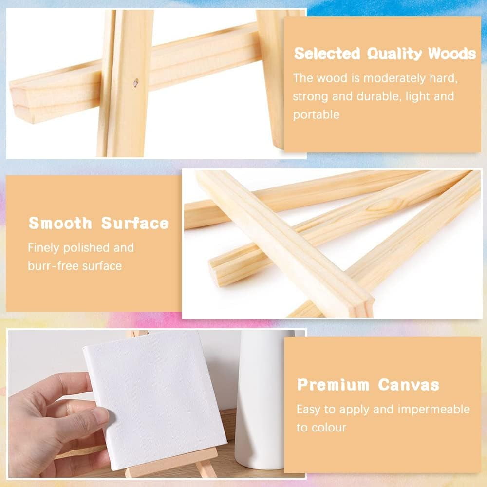 82Pcs Mini Canvas and Easel Set, 4x4 Adjustable Painting Set, 20 Wooden Easels with 20 Canvas, 14 Paintbrushes, 4 Palettes and Drawing Stand Kit for Party Drawing