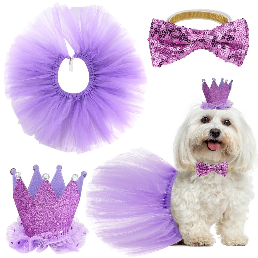 Dog Party Costume Set, Purple Tulle Ballerina Dress with Princess Crown