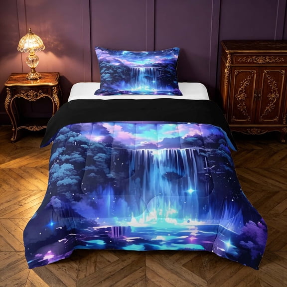 Homewish Blue Galaxy Twin Comforter Sets for Kids Girls, Stars Moon Waterfall Bedding Set, Black Reversible 2 Pieces, 1 Comforter and 1 Pillowcase
