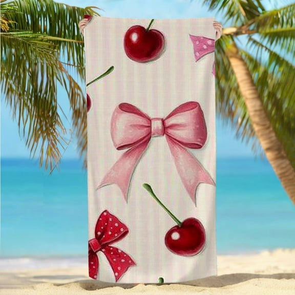 Cherry Bow Beach Towel Pink Sweet Fruit Design for Summer 29*58inch