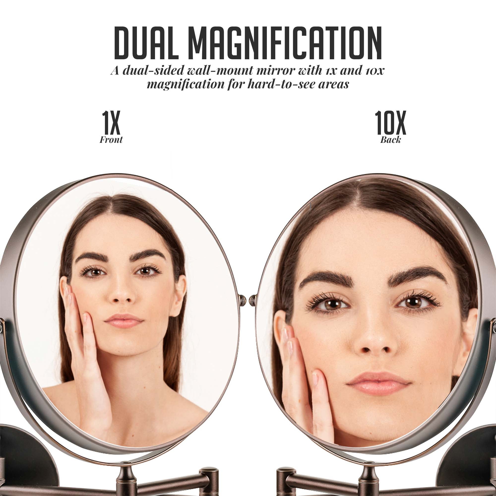 OVENTE 9" Wall Mount Makeup Mirror - Two-Sided with Adjustable Magnification and Folding Arm MNLFW90ABZ1X7X