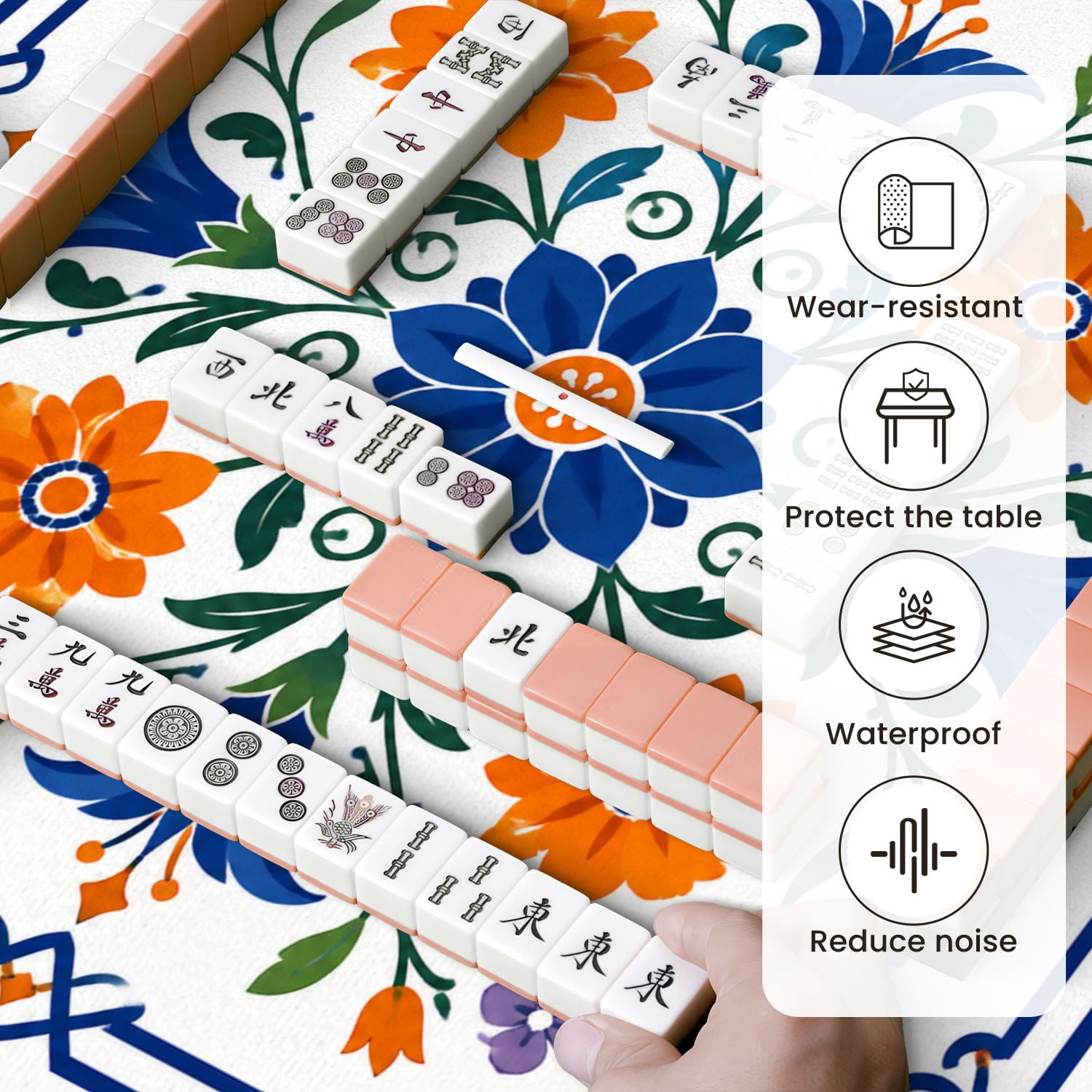 Mahjong Mat 31.5" x 31.5" Floral Geometric Blue Orange Purple Flowers Symmetrical Non-Slip Noise Reduction Mahjong Tiles Table Cover for Dominoes Poker Card Board and Tile Games