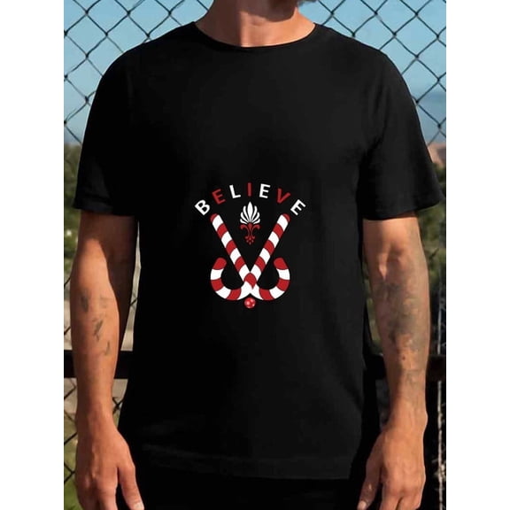 Believe Candy Cane Christmas cotton tshirts t shirts for men 180G 100% Cotton black Daily and weekend wear clothing, perfect for every day Soft and comfortable Weekend casual wear Chris