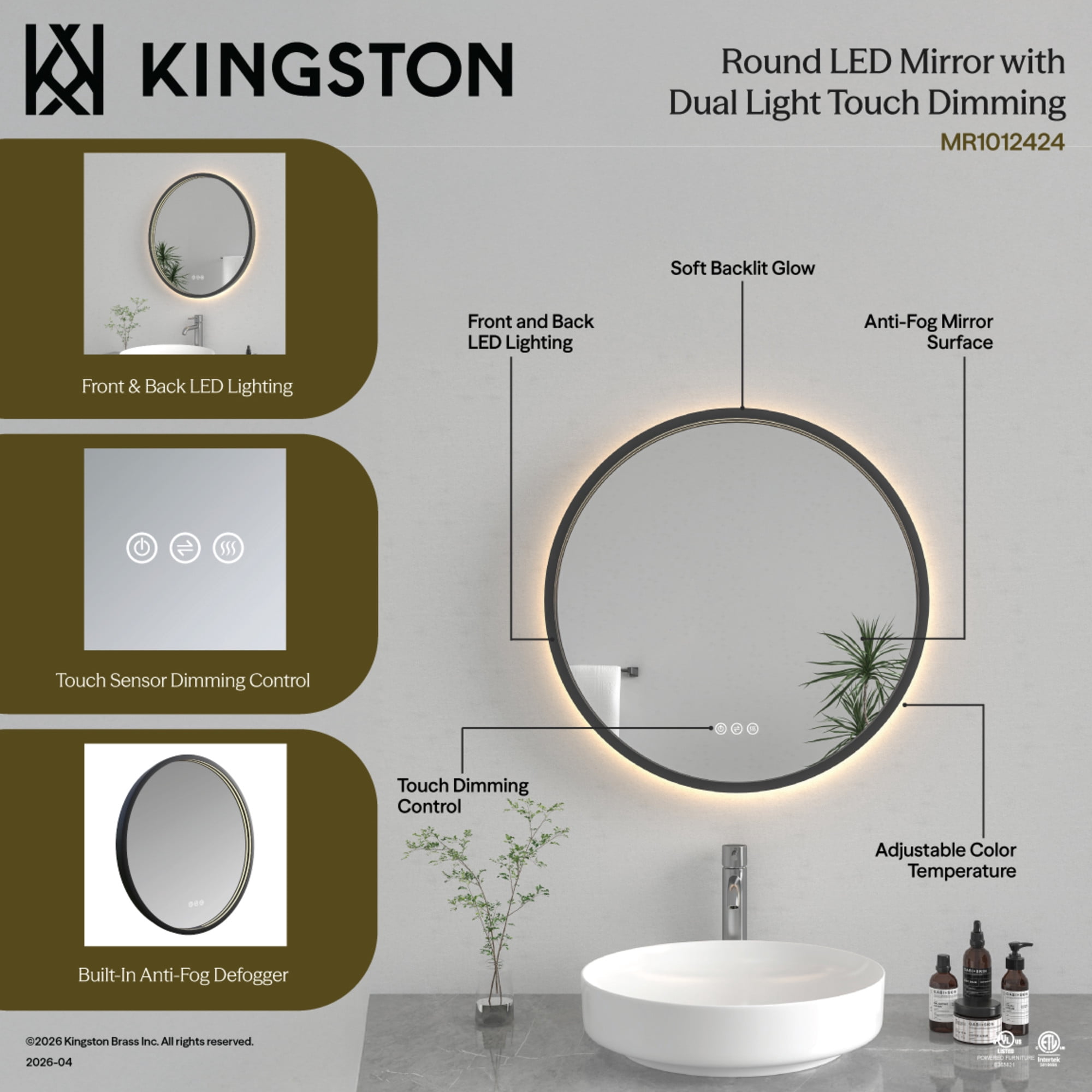 Kingston Brass MR1012424 Aurora 24-Inch Round LED Bathroom Mirror, Front and Back Light, Dimmable Touch Sensor Lighted Mirror in Silver/Gunmetal