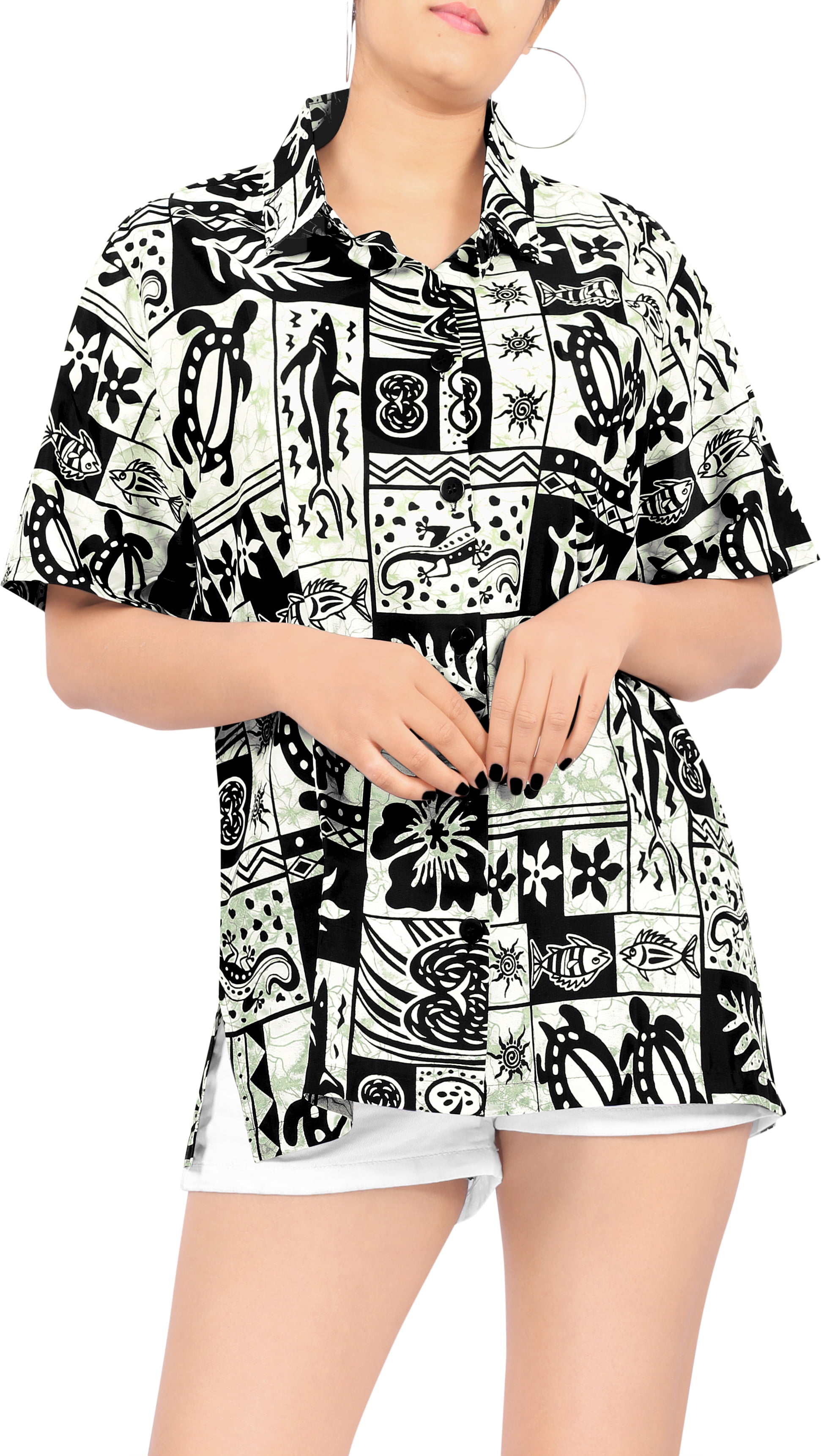 HAPPY BAY Women's Golf Hawaiian Blouse Shirt Beach Camp Aloha Shirt M