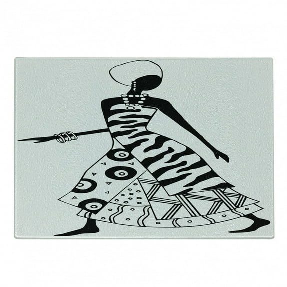 African Cutting Board, Woman Silhouette in Native Fashion Clothes Accessories Drawing, Decorative Tempered Glass Cutting and Serving Board, Small Size, Black and White, by Ambesonne