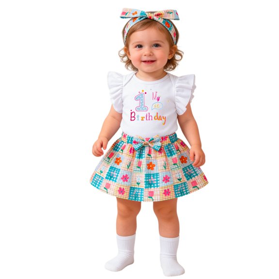 Yuncity Girls Romper Outfit Flutter Sleeve Floral Plaid Skirt Birthday Themed Bodysuit Sleeves Coordinating Hairpiece Onesie 3 Piece Outfit Sets Size 1-3 Monthss