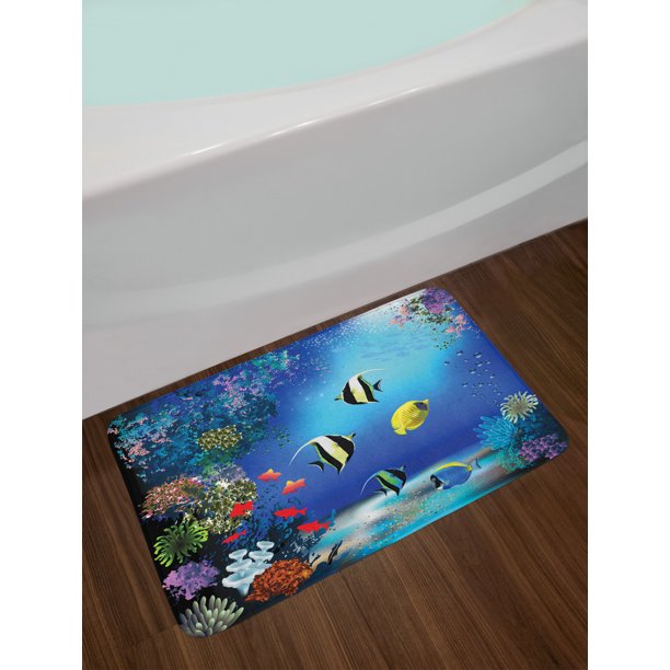 Underwater Bath Mat, Tropical Undersea with Colorful Fishes Swimming in