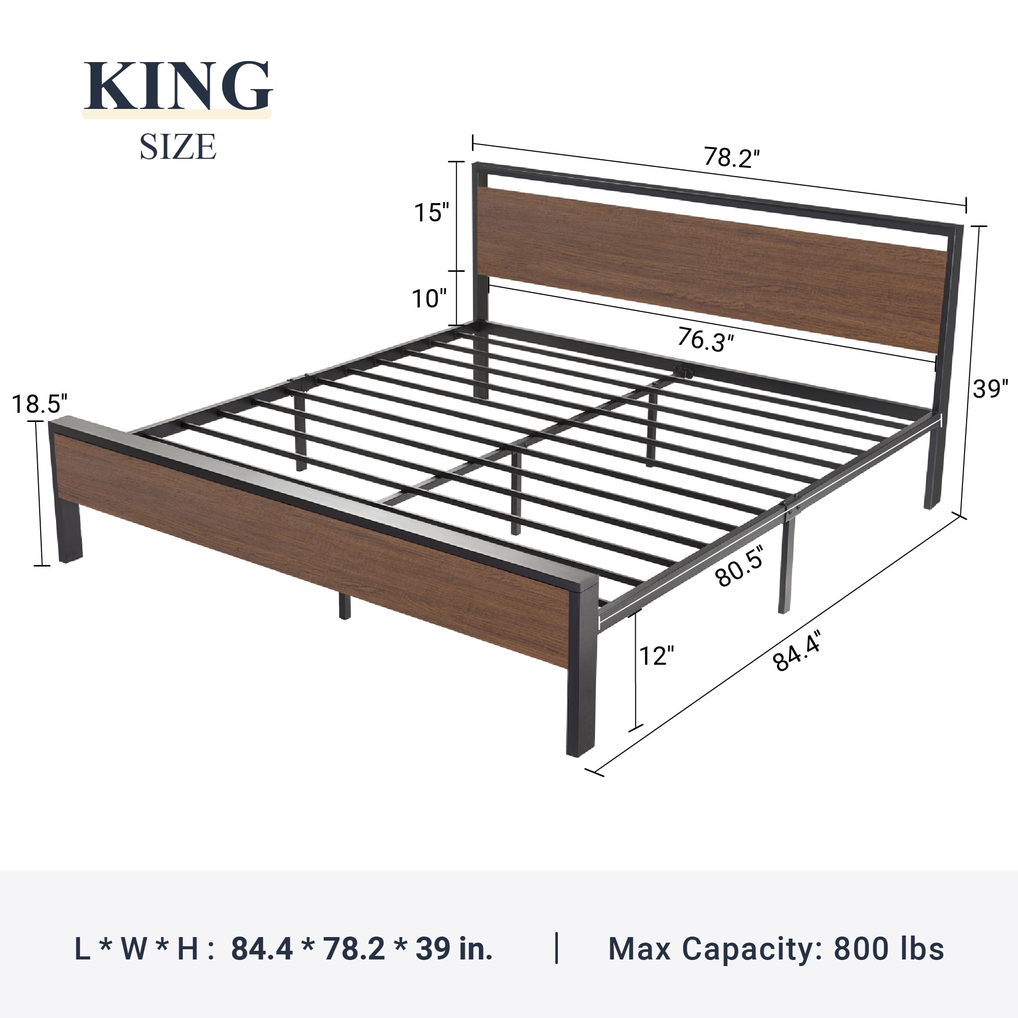 Allewie King Size Bed Frame, Heavy Duty Metal Platform Bed with Wooden Headboard & Footboard, No Box Spring Needed, Walnut