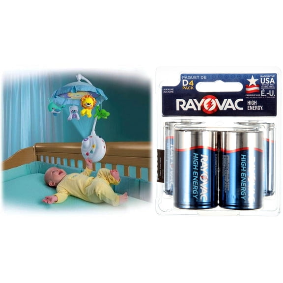 Fisher-Price 2-in-1 Projection Crib Mobile, Precious Planet with Rayovac Alkaline D Batteries (4-pack)