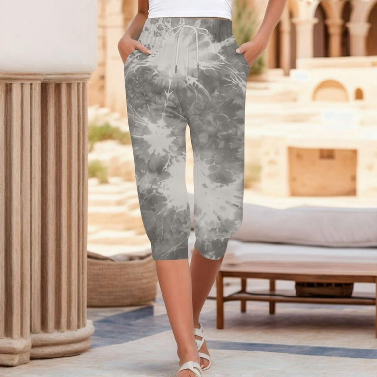 Zylarhe Women's Pants Women's Casual Capris High Waist Tie Dye