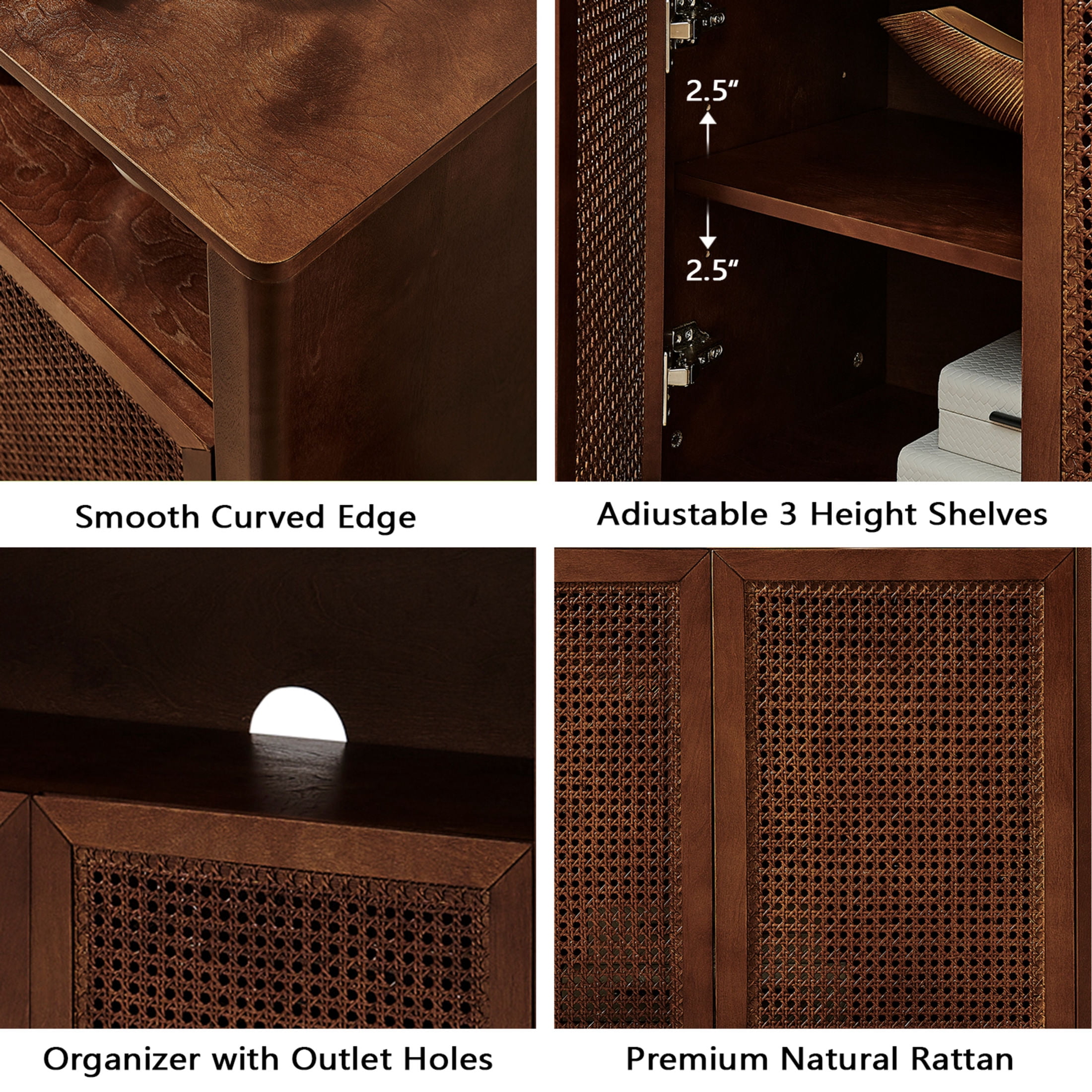 GDF Studio 63" Mid Century Modern Rattan Sideboard Buffet Cabinet with 4 Doors, Adjustable Shelves, Walnut
