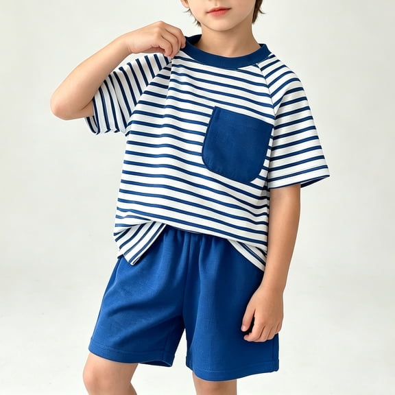 Amidoa Boys Summer Outfit Sets 2 Piece T-Shirt Graphic Cotton Tank Top and Shorts Set Kids Clothing Sets Blue Size 8