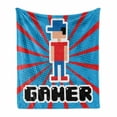 thumbnail image 1 of Video Games Soft Flannel Fleece Throw Blanket, Red Striped Boom Beams Retro 90's Toys Boy Cap Geometric Arrangement, Cozy Plush for Indoor and Outdoor Use, 50" x 70", Vermilion White, by Ambesonne, 1 of 6