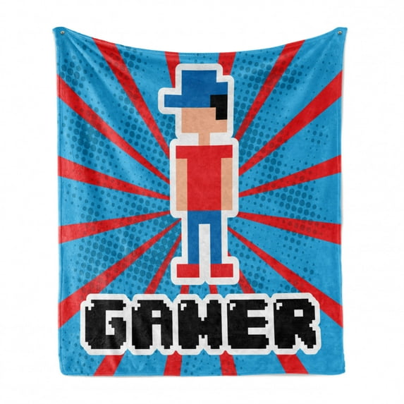 Video Games Soft Flannel Fleece Throw Blanket, Red Striped Boom Beams Retro 90's Toys Boy Cap Geometric Arrangement, Cozy Plush for Indoor and Outdoor Use, 50" x 70", Vermilion White, by Ambesonne