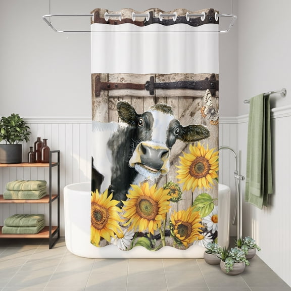 No Hook Shower Curtain Farmhouses Sunflowers Waterproof Fabric Shower Curtain Hotel Style Bathroom Curtain with See Through Top Window Machine Washable 36x72in