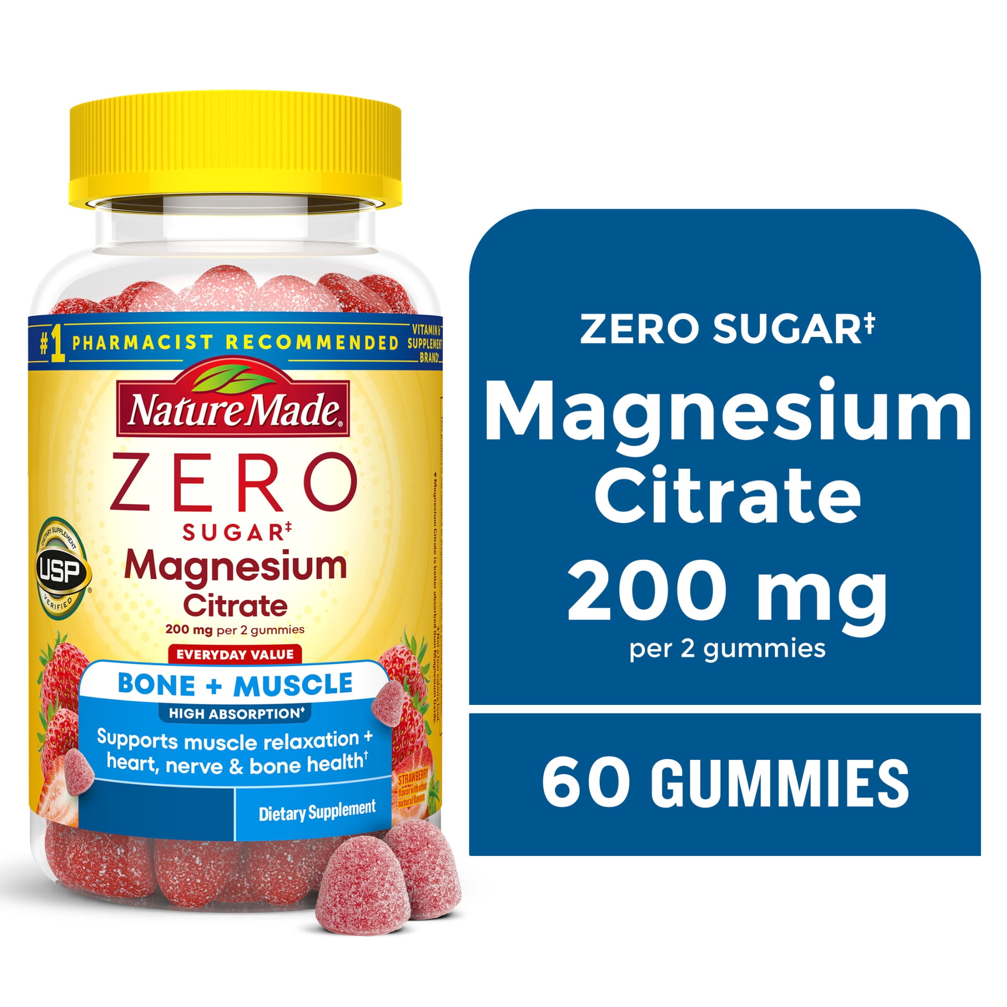 Nature Made Zero Sugar Magnesium Citrate Gummies, Sugar Free Gummies, 60 Count