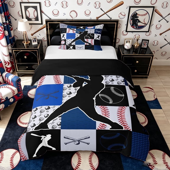 Castle Fairy Sport Baseball Collage Twin Duvet Cover, Geometric Plaid Twin Bedding, Navy Red Black,Black Reversible,2pcs,1 Duvet Cover and 1 Pillowcase