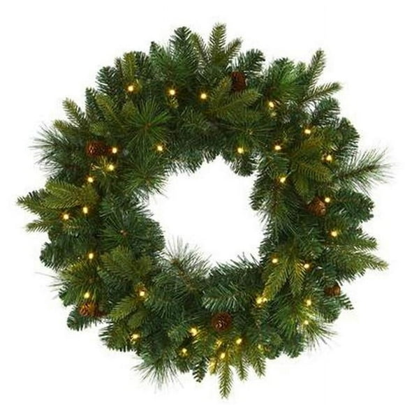 Nearly Natural W1114 24 in. Mixed Pine Artificial Christmas Wreath with 35 Clear LED Lights & Pinecones