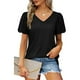 thumbnail image 3 of Tops con cuello en V Color puro Suave para la piel Tops con mangas abullonadas Camisetas de manga corta para ir de compras todos los días Negro S, 3 of 6