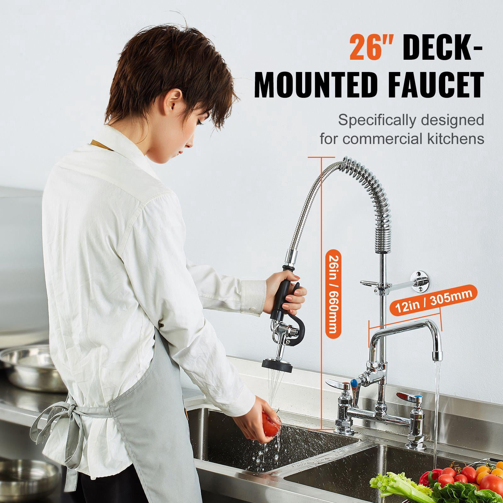 Commercial Kitchen Faucet 26 Inch Height 8 Inch Center 12 Inch Swing Spout Deck Mount Brass Pull Down Spray Pre Rinse for 1 2 3 Compartment Sink