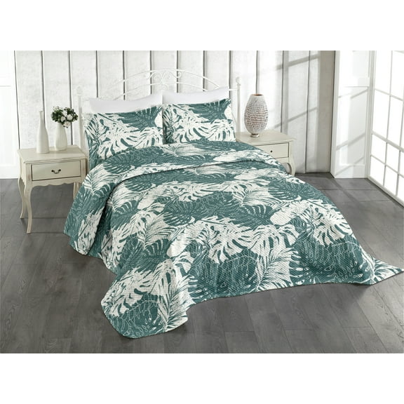 Ambesonne Monstera Leaves Quilted Coverlet 3 Pcs, Tropical Grunge, King Size, Forest Green Eggshell