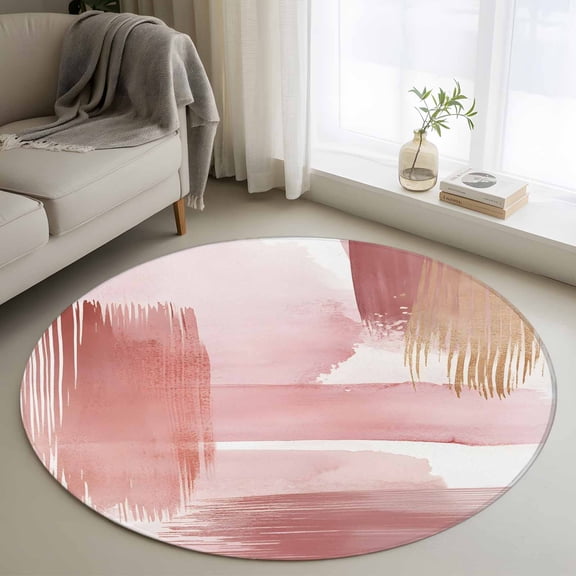 Round Rugs 4Ft, Pink Abstract Art Round Area Rug Washable Indoor Throw Carpet, Contemporary Luxury Color Block Soft Non Slip Circle Rug for Kitchen Nursery Room Home Decor Aesthetic