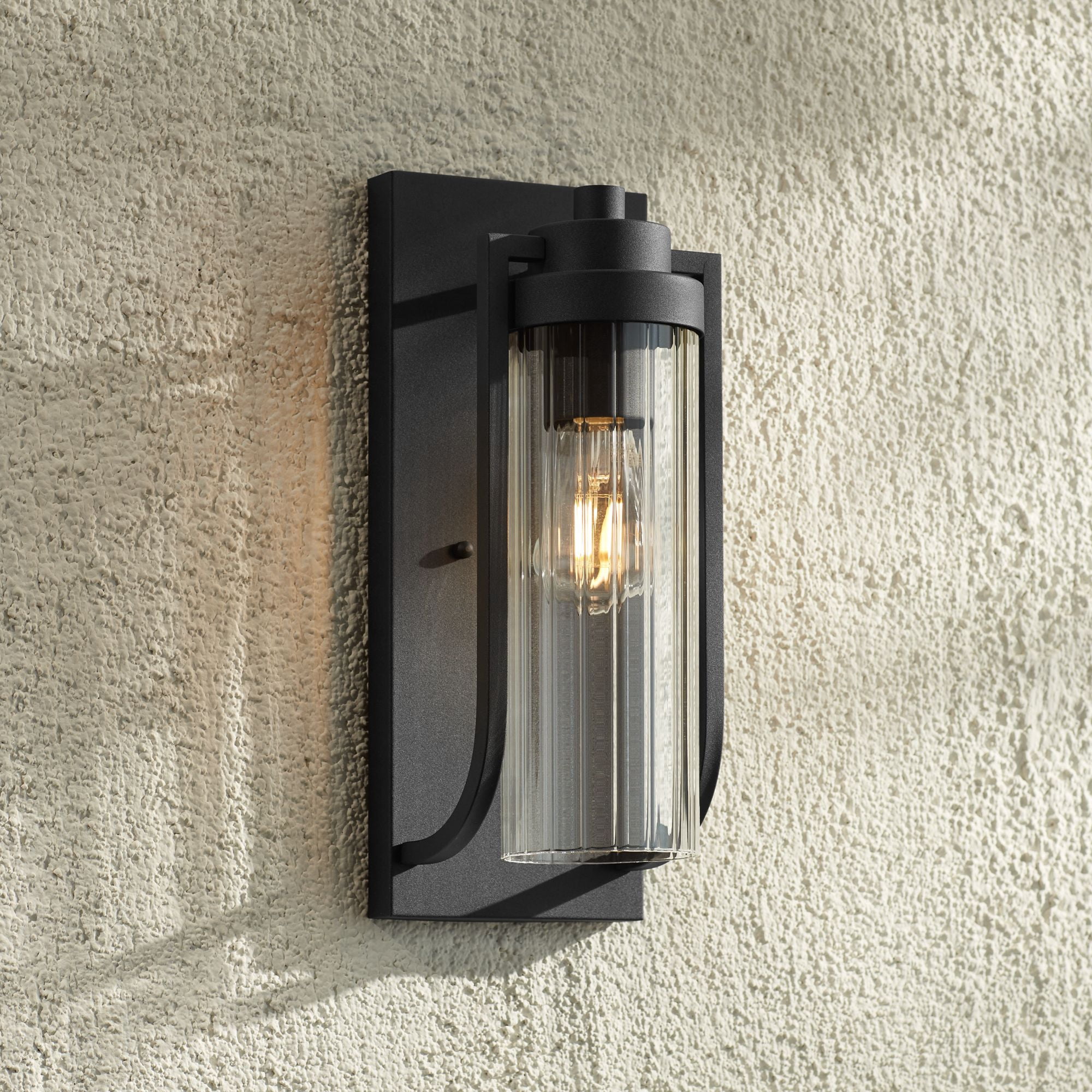 Possini Euro Design Bogata Modern Outdoor Wall Light Fixture Textured Black 15 1/2" Clear Ribbed Glass for Post Exterior Barn Deck House Porch Yard