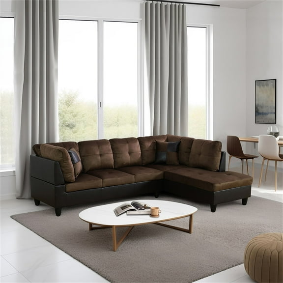 Hommoo Lint & PVC L-Shaped Sectional Couch and Sofa Set, Modern Living Room Furniture Set, Right Side, Brown